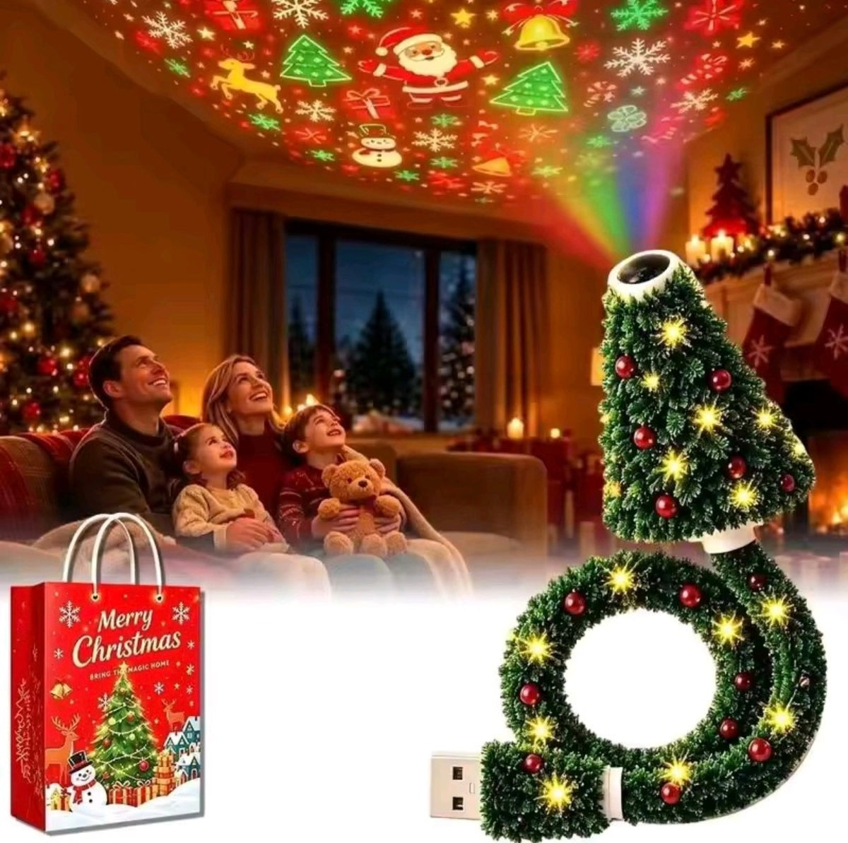 Christmas Tree Projector Light – 6 Festive Scenes, USB Powered