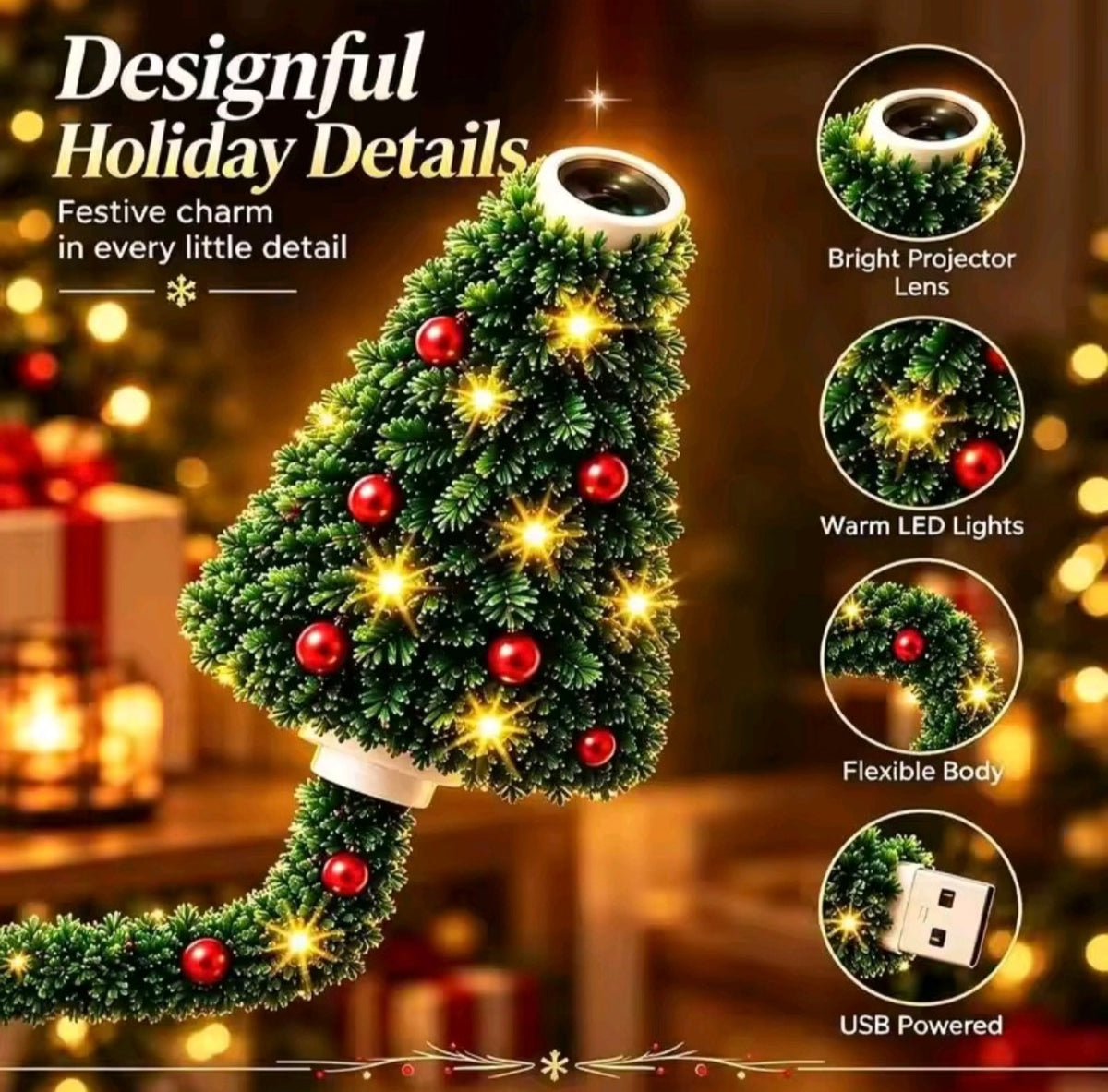 Christmas Tree Projector Light – 6 Festive Scenes, USB Powered